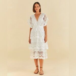 FARM Rio White Lace Tiered V‑Neck Midi Dress